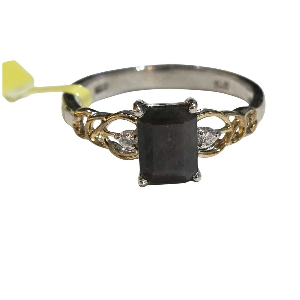 Smokey Quartz Emerald Cut White CZ 925 Two Toned Ring Size 10 NWT